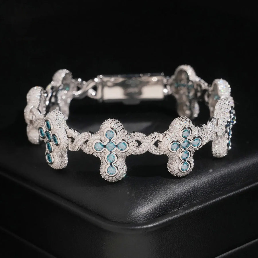 S925 SILVER GREEN BLUE VVS MOISSANITE CROSS LINK BRACELET