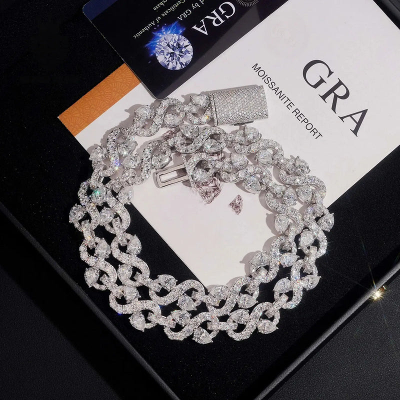 13MM S925 SILVER PEAR MIX ROUND CUT VVS MOISSANITE INFINITY CUBAN LINK CHAIN
