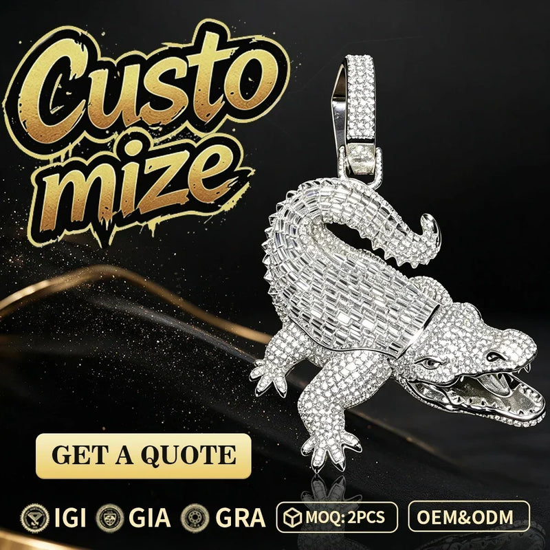 Iced Gator Pendant S925 Sterling Silver Moissanite Lab Created Diamonds Men's Luxury GRA Certified Party