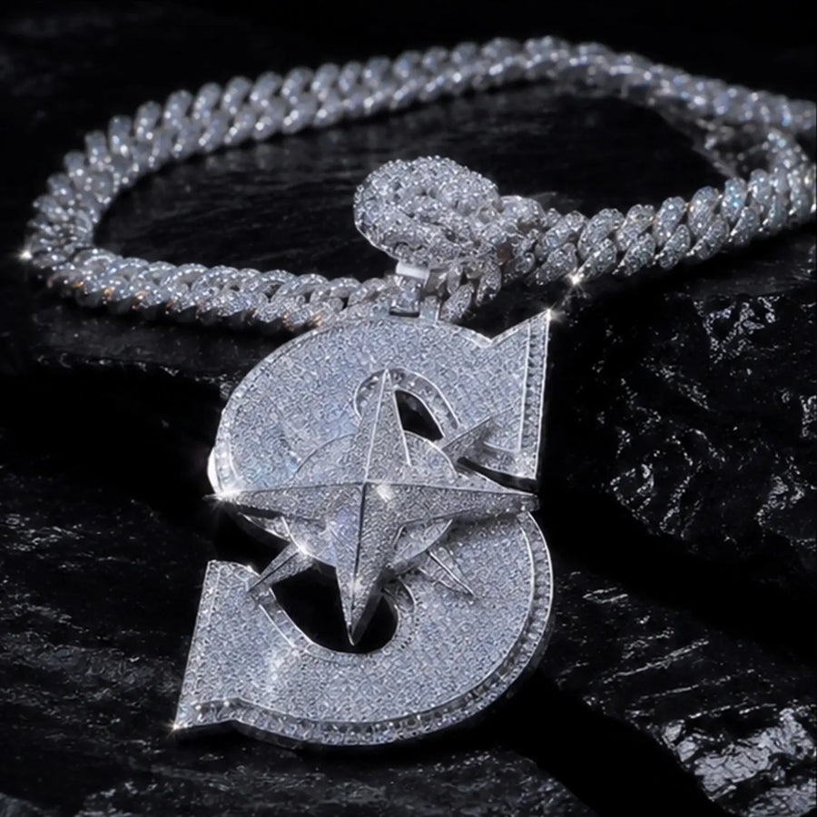 925 Sterling Silver Moissanite Iced Out Custom Letter S Star Pendant