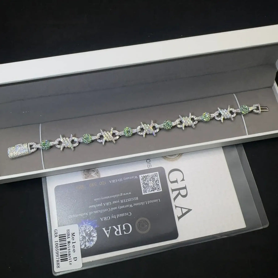 13MM S925 SILVER BLUE GREEN COLOR MOISSANITE CUBAN LINK BRACELET