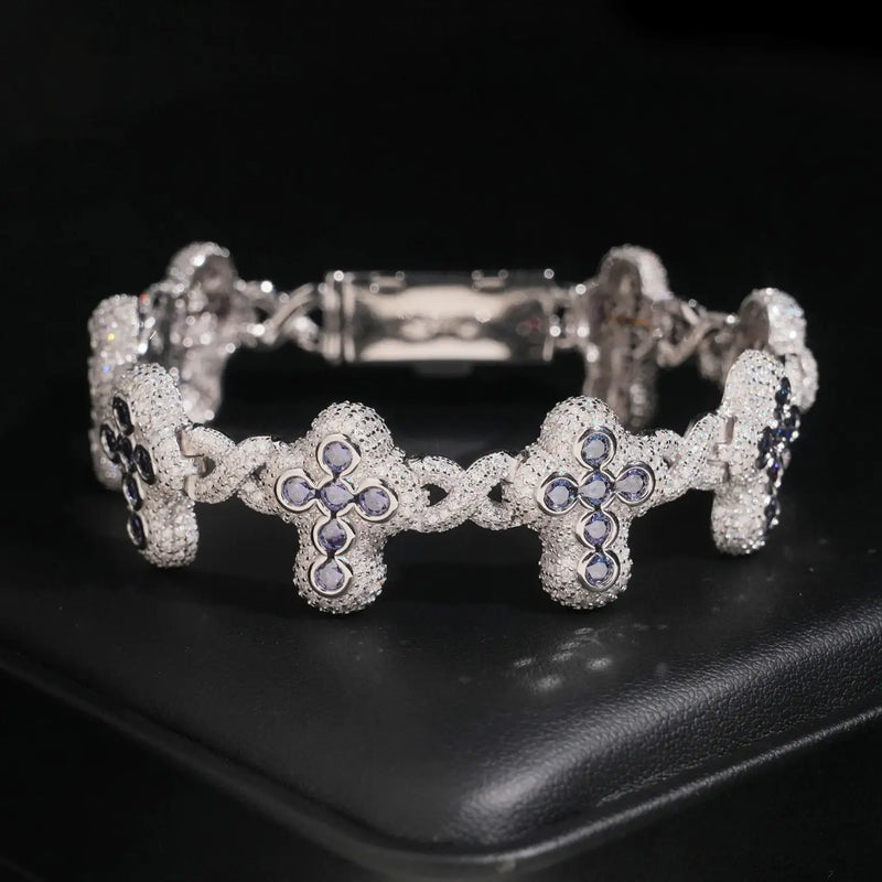 S925 SILVER GREEN BLUE VVS MOISSANITE CROSS LINK BRACELET
