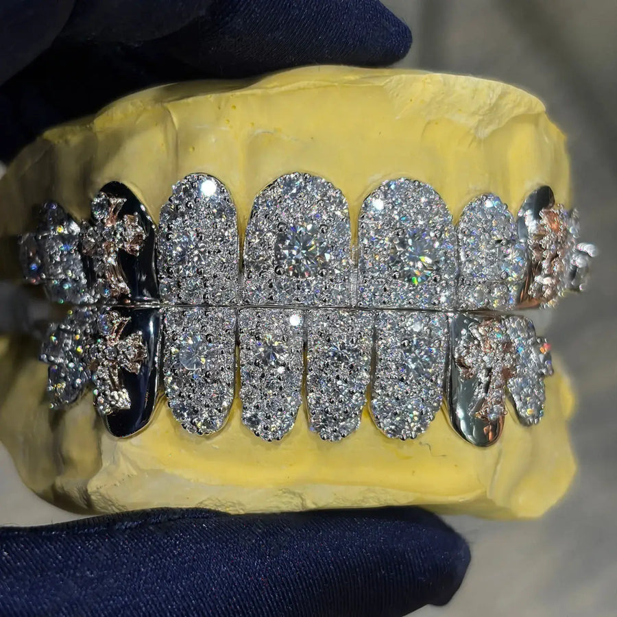 CUSTOM TOP & BOTTOM VVS MOISSANITE CROSS SYMBOL CROWN GRILLZ