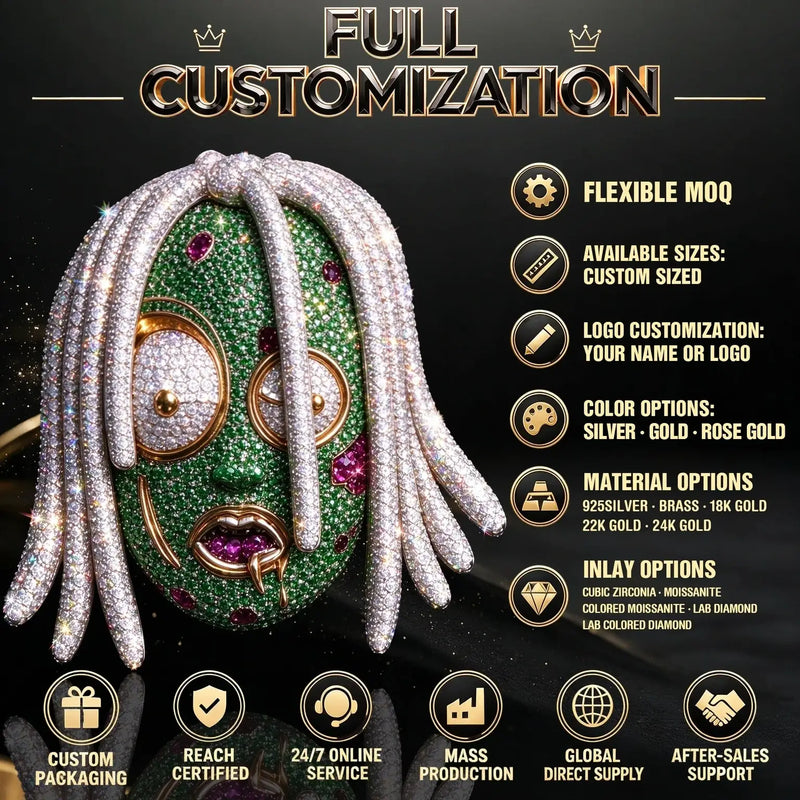New Arrival Luxury FacePendant for Men Solid Hand Set Iced Out Hip Hop Jewelry for Rap Performance Nightclub Street Fashion