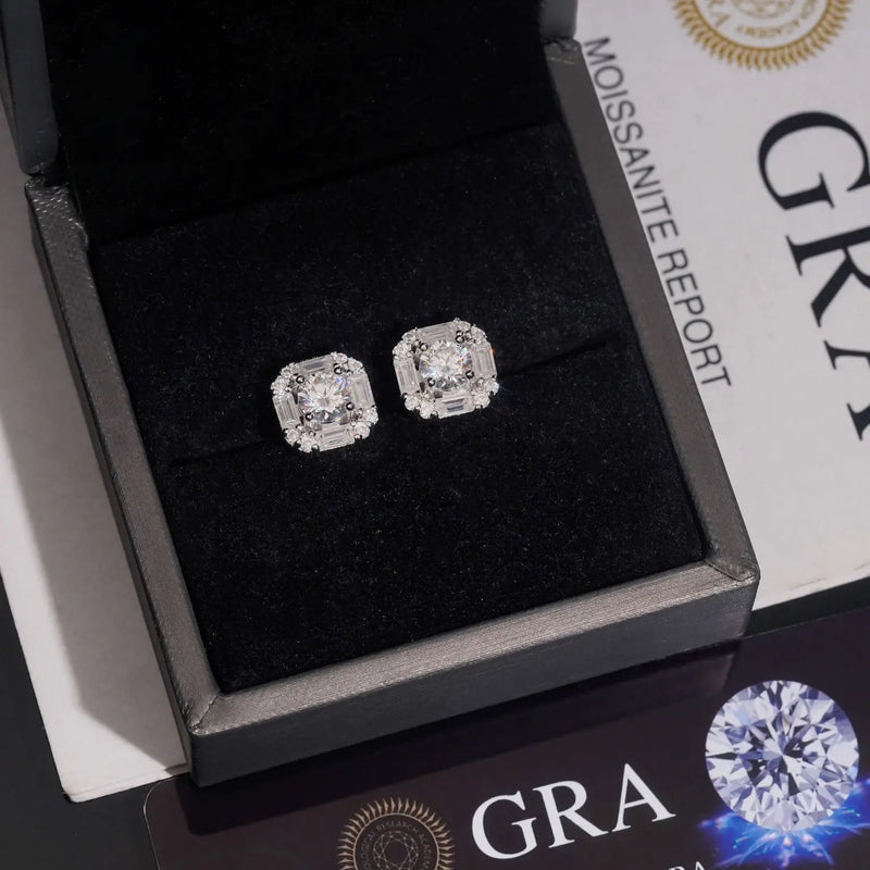 Double Halo Rectangle Stud Earrings