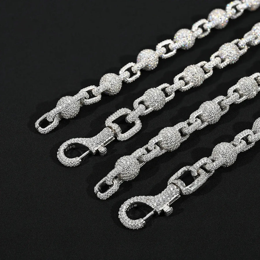10MM S925 SILVER VVS MOISSANITE FULL ICED OUT BALL LINK CHAIN