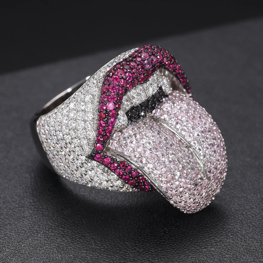 Rapper Jewelry White Gold Plated 925 Sterling Silver VVS Moissanite Diamond Iced Out Tongue Lip Ring Hip Hop Lick of Death Ring