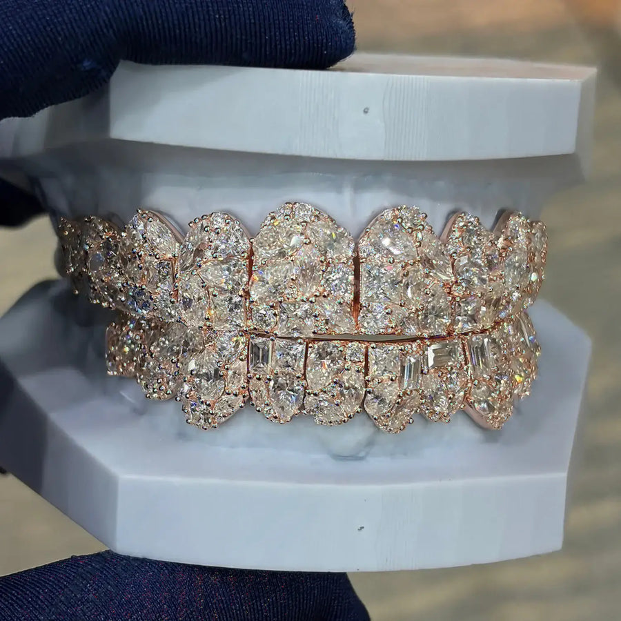 CUSTOM S925 SILVER TOP & BOTTOM 6/8 TEETH EMERALD & PRINCESS CUT VVS MOISSANITE ROSE GOLD GRILLZ