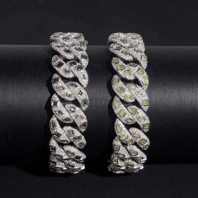 15MM S925 SILVER BEZEL SETTING GREEN MOISSANITE CUBAN LINK BRACELET