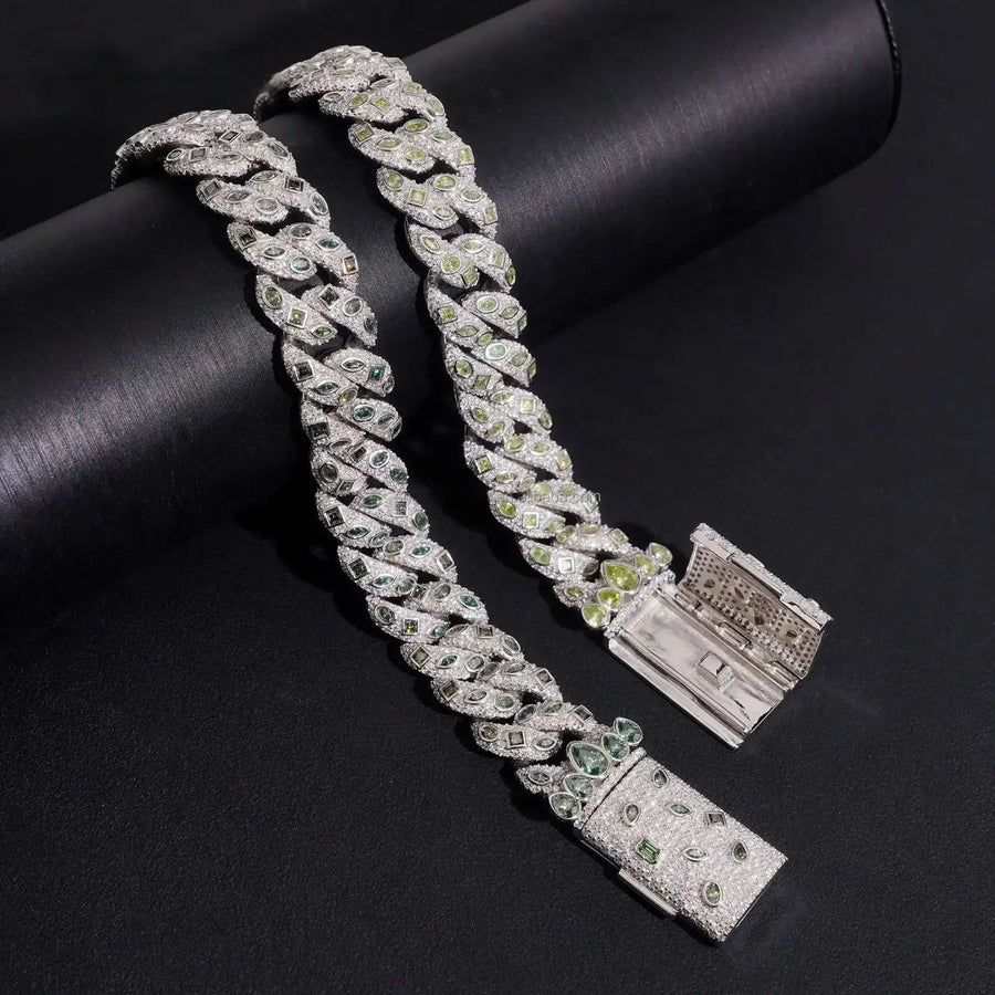 15MM S925 SILVER BEZEL SETTING GREEN MOISSANITE CUBAN LINK BRACELET