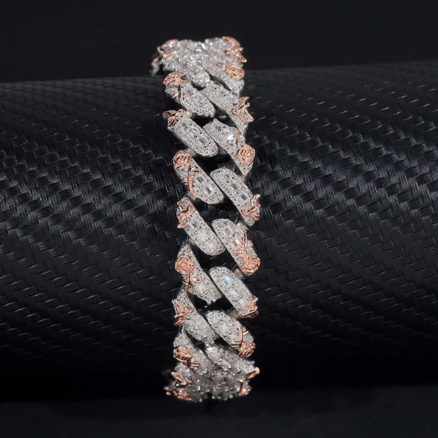 15MM S925 SILVER ROSE DOVE ICED OUT MOISSANITE CUBAN LINK BRACELET