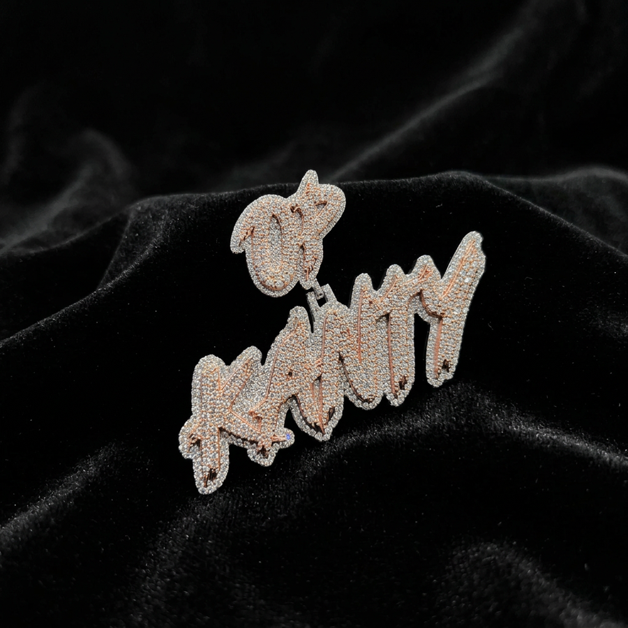 CUSTOM 3 INCH S925 SILVER 18K GOLD PLATED TWO TONE VVS MOISSANITE MICRO PAVE NAME PENDANT WITH OP BAIL