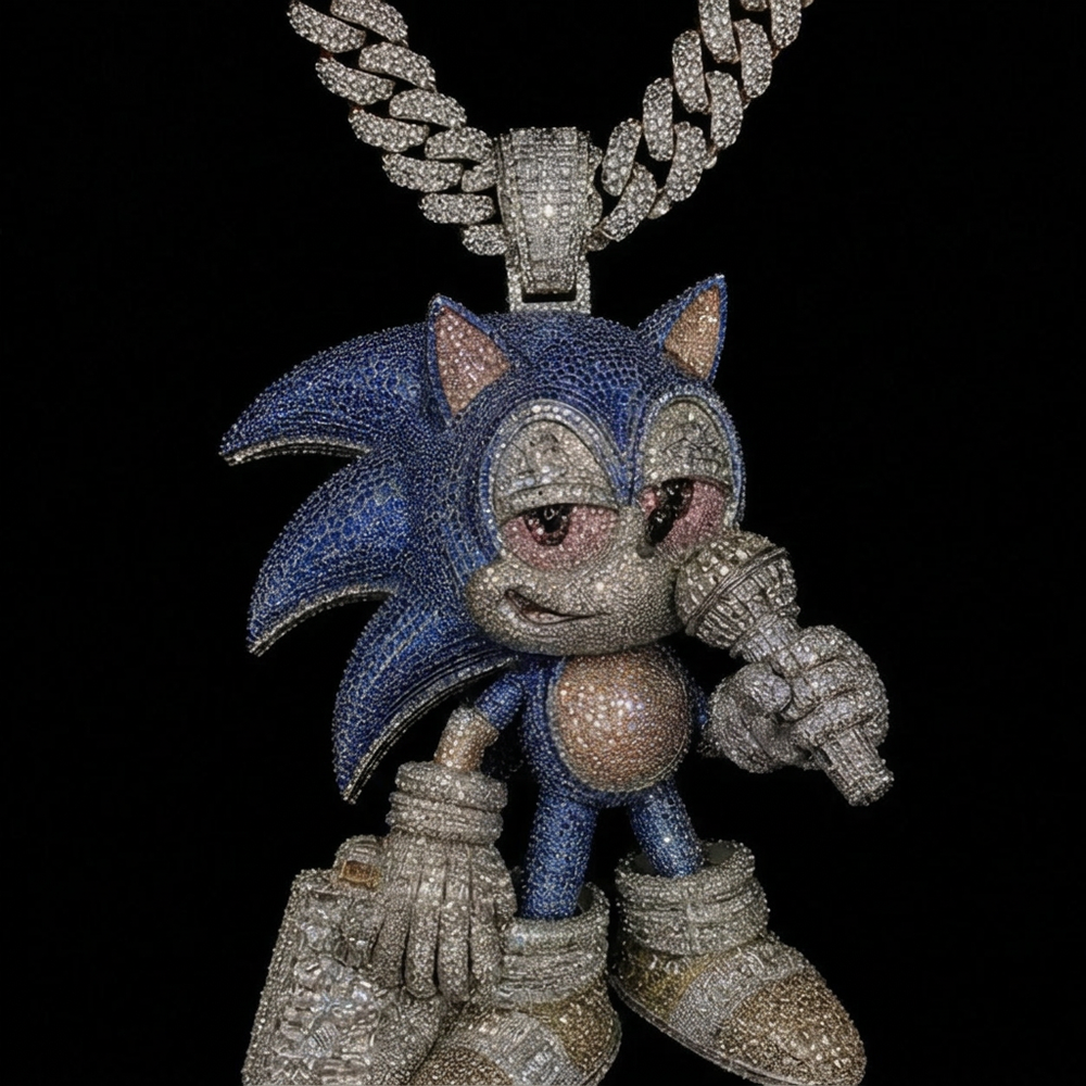 Blue gemstone cartoon character pendant and chain on black background