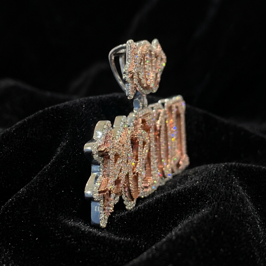 CUSTOM 3 INCH TWO TONE VVS MOISSANITE NAME PENDANT WITH CUSTOM BAIL