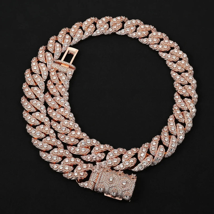 20MM 925 Silver Moissanite Rose Gold Plated Cuban Link Chain