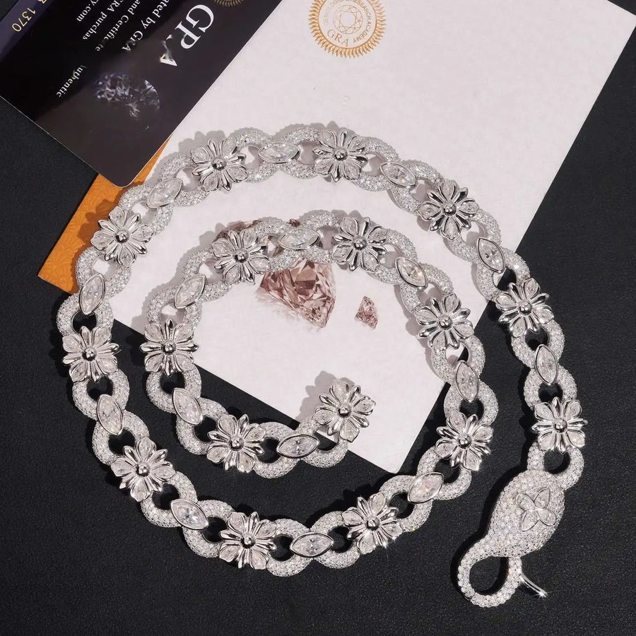 15mm Flower Iced Moissanite Cuban Link Chain