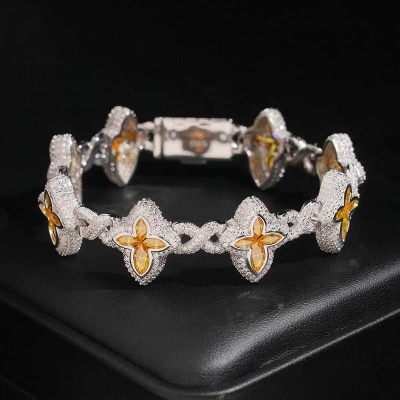 S925 SILVER VVS1 D COLOR MOISSANITE FLOWER CUBAN LINK BRACELET