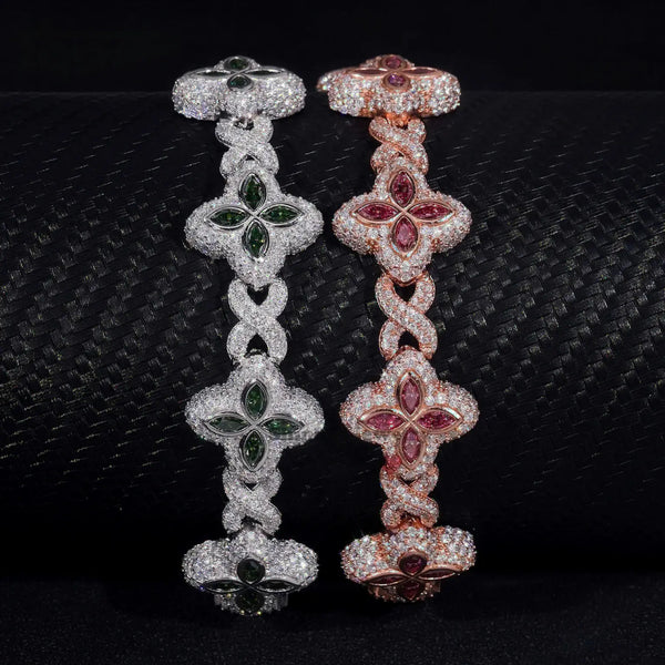 S925 SILVER VVS1 MOISSANITE CLOVER CUBAN LINK BRACELET