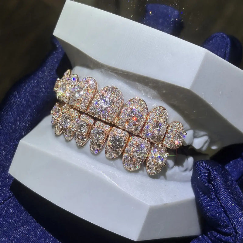 CUSTOM FLAWLESS HONEYMOON S925 SILVER ROSE GOLD VVS MOISSANITE GRILLZ