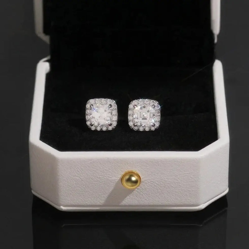 Square Moissanite Micro Pave Halo Stud Earrings
