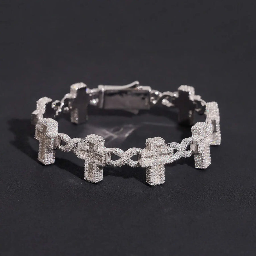 S925 SILVER MOISSANITE ICED OUT CROSS CUBAN LINK BRACELET