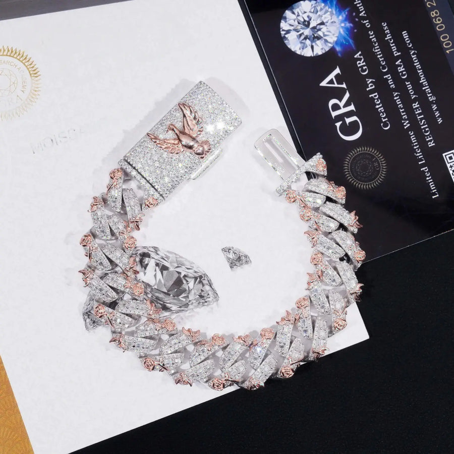 15MM S925 SILVER ROSE DOVE ICED OUT MOISSANITE CUBAN LINK BRACELET