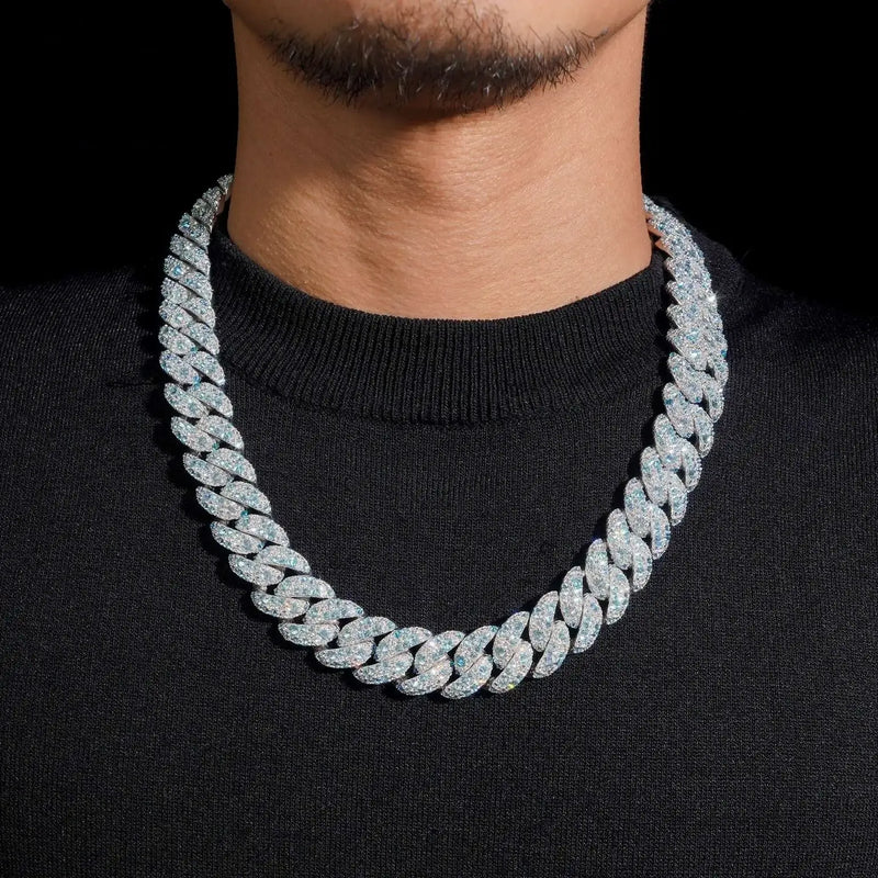 18MM S925 SILVER BLUE MOISSANITE MOSAIC SET CUBAN LINK CHAIN