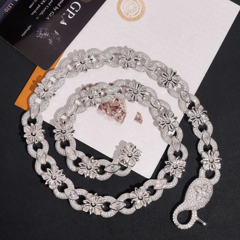 15mm Flower Iced Moissanite Cuban Link Chain