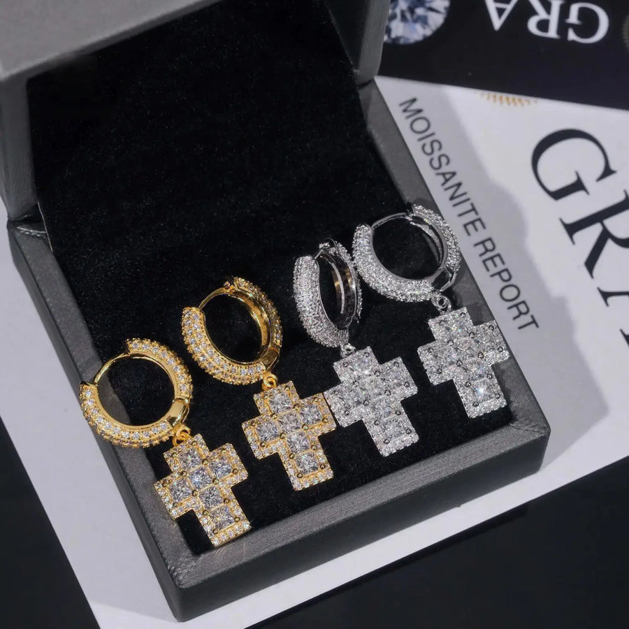 Princess Cut Hoop Cross Moissanite Earrings