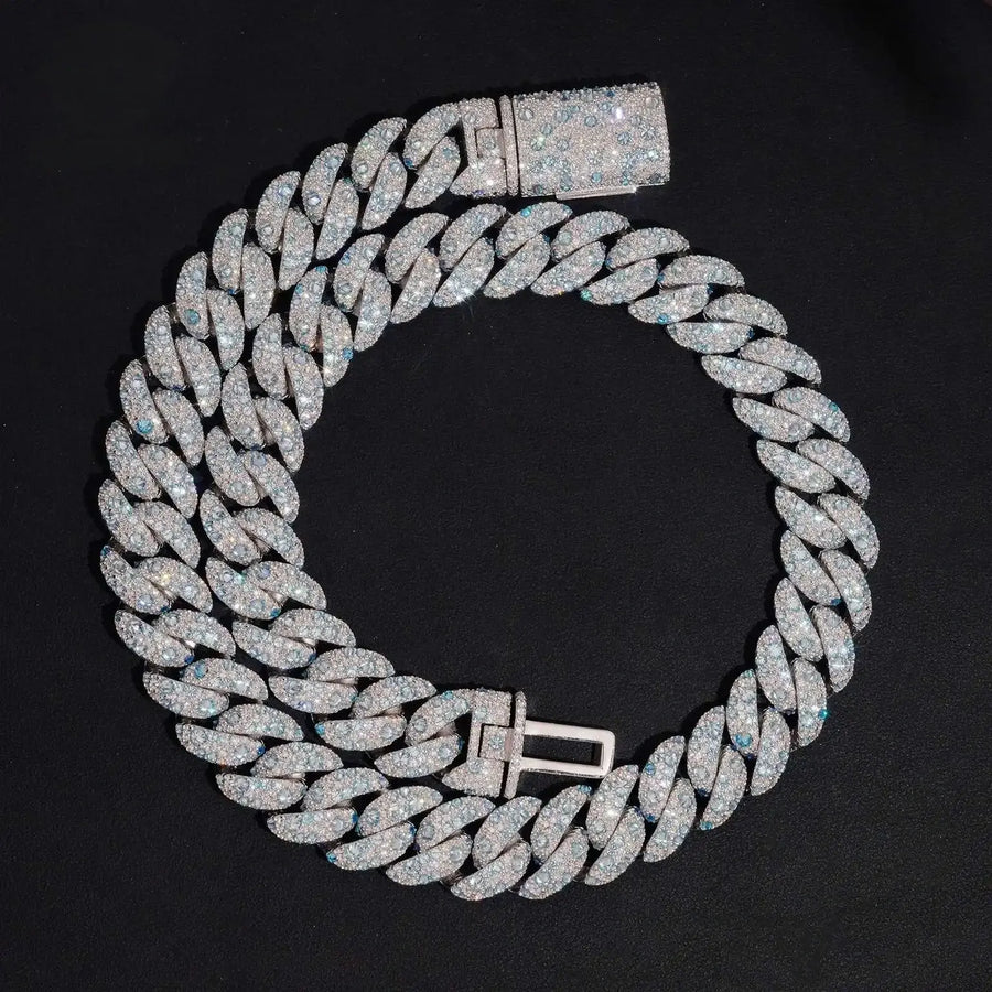 18MM S925 SILVER BLUE MOISSANITE MOSAIC SET CUBAN LINK CHAIN