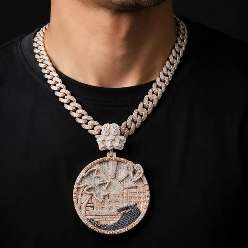 Iced Out Medallion 3D Cityscape Pendant
