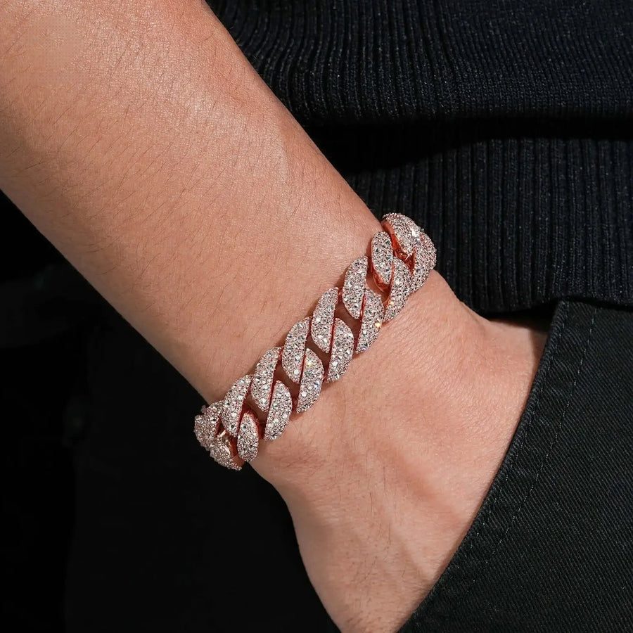 15MM S925 ROSE GOLD UPSIDE DOWN SETTING VVS MOISSANITE CUBAN LINK BRACELET