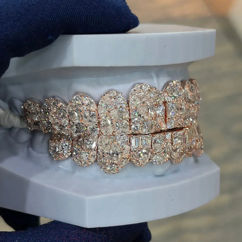 CUSTOM S925 SILVER TOP & BOTTOM 6/8 TEETH EMERALD & PRINCESS CUT VVS MOISSANITE ROSE GOLD GRILLZ