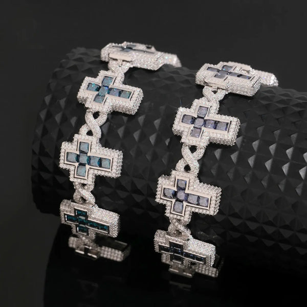 S925 SILVER BLUE PURPLE VVS MOISSANITE CROSS LINK BRACELET