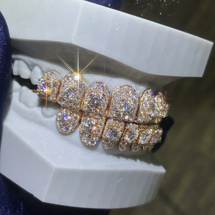 CUSTOM FLAWLESS HONEYMOON S925 SILVER ROSE GOLD VVS MOISSANITE GRILLZ