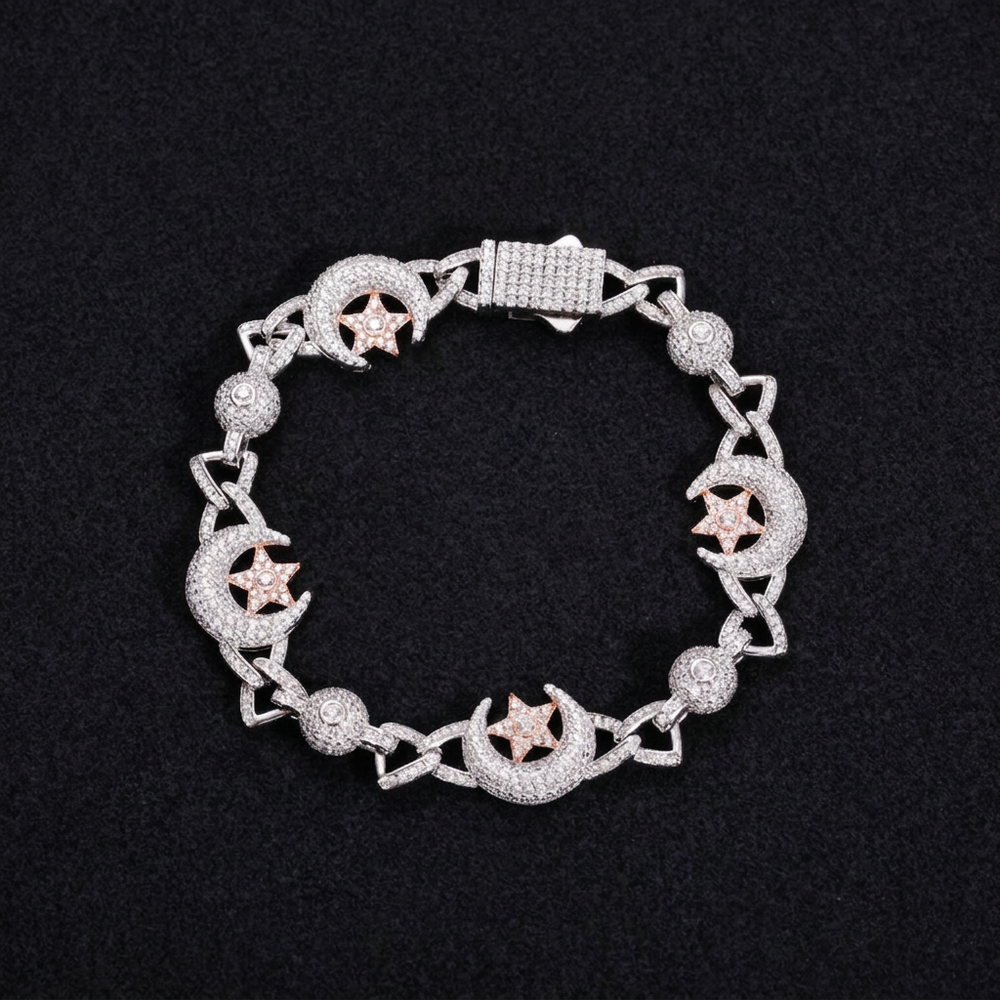 Crescent Moon Star bracelet with black background