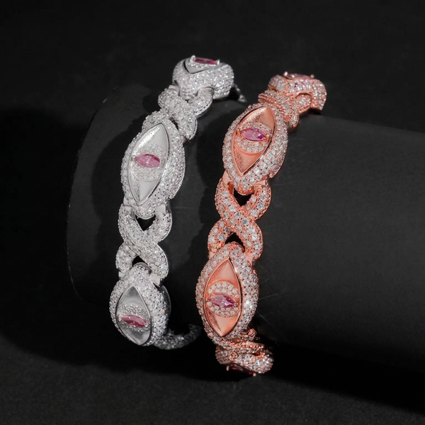 13MM "EVIL EYE" S925 SILVER MARQUISE PINK VVS MOISSANITE INFINITY CUBAN LINK BRACELET
