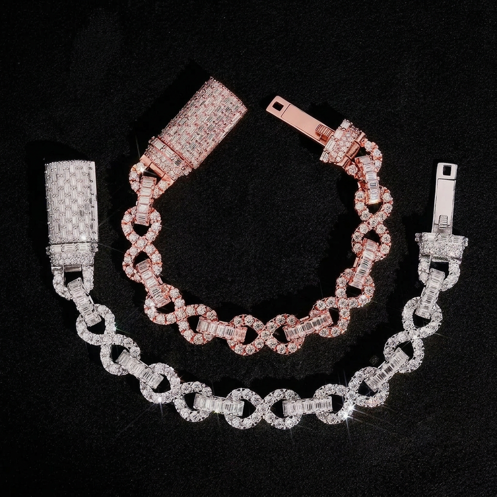 Silver and rose gold infinity bracelets with black background