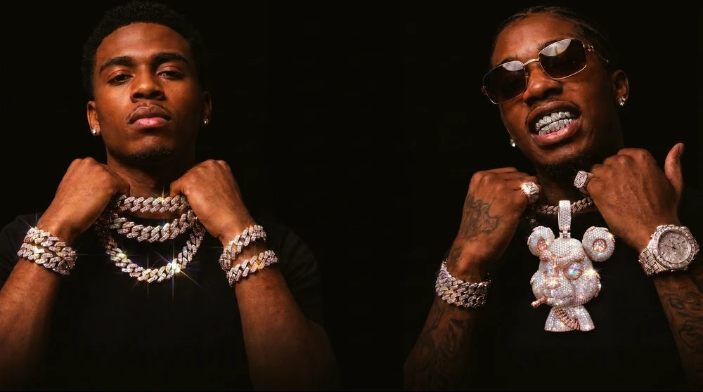 Models wearing Centuria moissanite iced-out chains, bracelets and a custom pendant